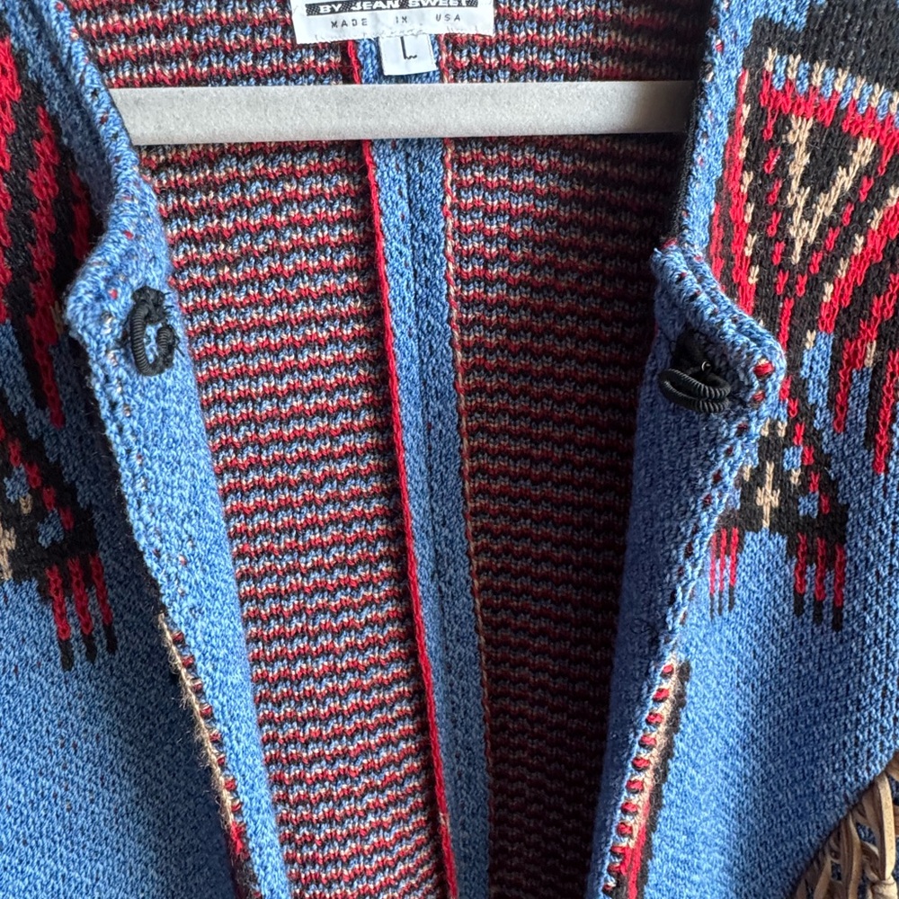 Made in USA Bohemian Cardigan with Thunderbird Design & Fringe, Blue, sz Lrg. - Picture 4 of 8